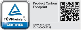 A label with the TÜV Rheinland certification mark, product carbon footprint information, and a QR code.