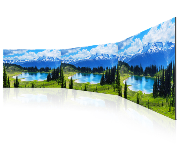 The three curved displays showcase a beautiful natural landscape of snowy mountains, blue lakes, and trees under a cloudy blue sky, with consistent color and image quality from every angle.