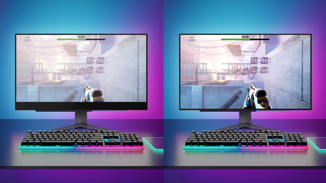 This image shows a comparison of the same game screen on two monitors, with the left monitor showing a blurry and tearing image, while the right monitor shows a sharp and smooth image.