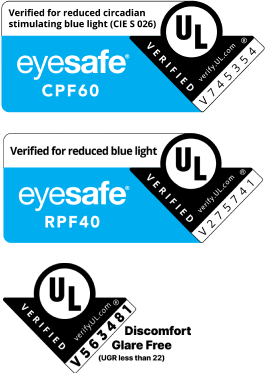 생체리듬 보호(CPF60), 저청색광(RPF40), 눈부심 방지(Discomfort Glare Free)를 증명하는 3종의 UL Eyesafe 및 Verified 인증 마크