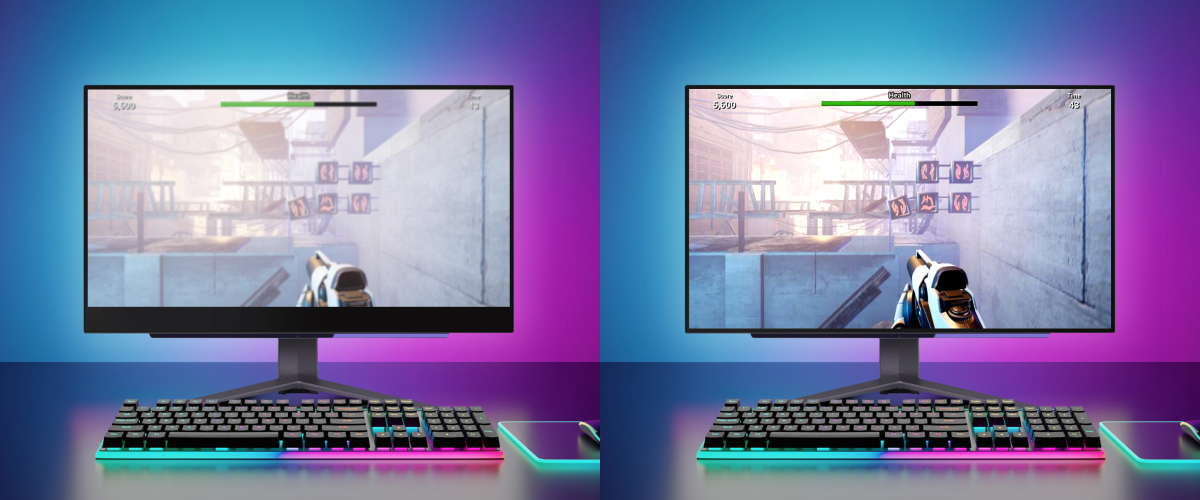 This image shows a comparison of the same game screen on two monitors, with the left monitor showing a blurry and tearing image, while the right monitor shows a sharp and smooth image.