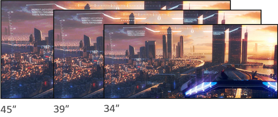 From left to right, the 21:9 ratio displays, with a city night scene in the background, are 45, 39, and 34 inches.