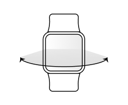 A double-headed arrow is drawn in front of the smartwatch screen, indicating the wide field of view feature.