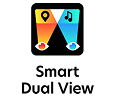 하나의 화면에서 운전자와 동승자에게 각각 다른 영상을 제공하는 'Smart Dual View' 기술 로고. 검은색 사각형 배경 안의 분할 시야 아이콘과 텍스트.