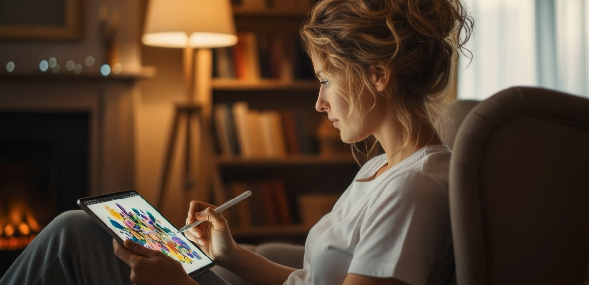 따뜻한 조명의 실내에서 Tandem OLED 태블릿과 스타일러스 펜을 사용하여 화려한 색상의 디지털 아트워크를 작업 중인 여성의 모습.