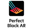 검은색 사각형 배경 안의 반사 방지 기술 아이콘과 'Perfect Black AR' 텍스트 로고.