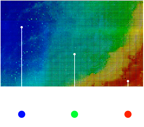 The dark volcanic terrain background has blue, green, yellow, and red hues in a white frame, showing a personalized algorithm controls brightness based on usage.