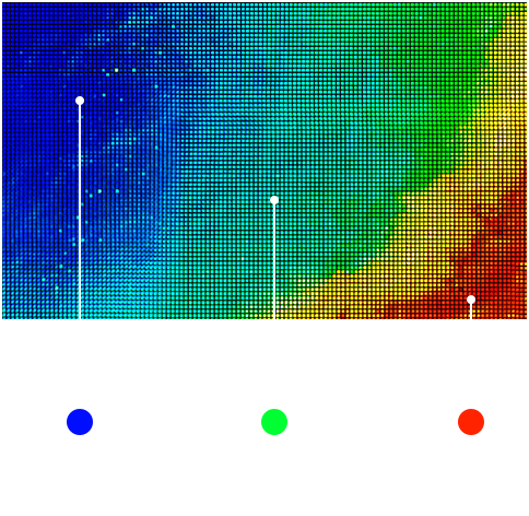 The dark volcanic terrain background has blue, green, yellow, and red hues in a white frame, showing a personalized algorithm controls brightness based on usage.