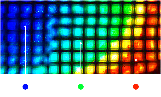 The dark volcanic terrain background has blue, green, yellow, and red hues in a white frame, showing a personalized algorithm controls brightness based on usage.