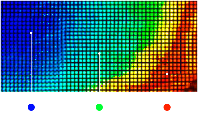 The dark volcanic terrain background has blue, green, yellow, and red hues in a white frame, showing a personalized algorithm controls brightness based on usage.