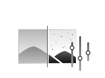 산 이미지가 절반으로 나누어져 있고, 오른쪽 부분에는 컨트롤러 icon 3개가 있어 산 이미지가 더욱 선명하게 보이며, 이는 선명도를 강화하는 Detail Enhancer를 나타낸다.