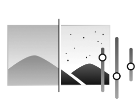 산 이미지가 절반으로 나누어져 있고, 오른쪽 부분에는 컨트롤러 icon 3개가 있어 산 이미지가 더욱 선명하게 보이며, 이는 선명도를 강화하는 Detail Enhancer를 나타낸다.