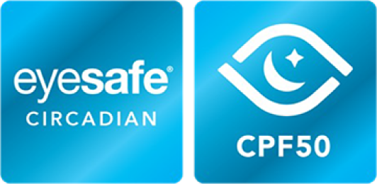 “Eyesafe Circadian” and ‘CPF50’ logo, emphasizing visual safety and blue light filtering.