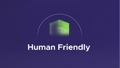보라색 배경 중앙의 눈 기호가 포함된 초록색 방패 아이콘과 하단 Human Friendly 텍스트