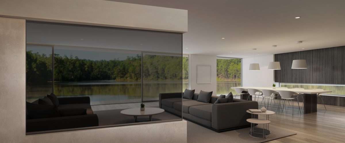 A transparent OLED is mounted on the living room wall, with a faint view of the living room behind the screen.