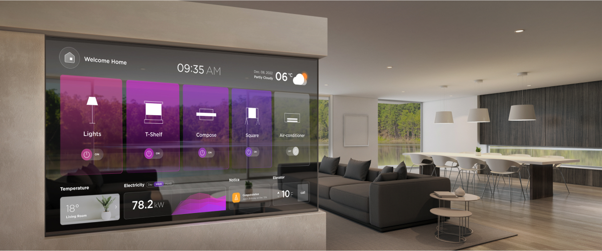 A transparent OLED is mounted on the living room wall, with a faint view of the living room behind the screen.