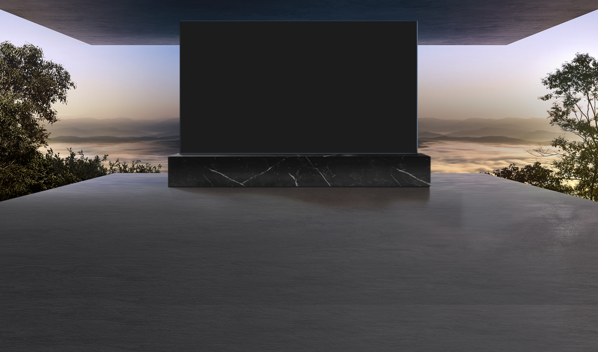 A large display sits on a black marble pedestal in the center of a room.  Against the backdrop of beautiful scenery of mountains and cloudy sky, there is an opque black OLED panel in front.
