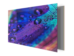 A colorful graphic with water droplets floating on the OLED display, revealing a light-free display structure.