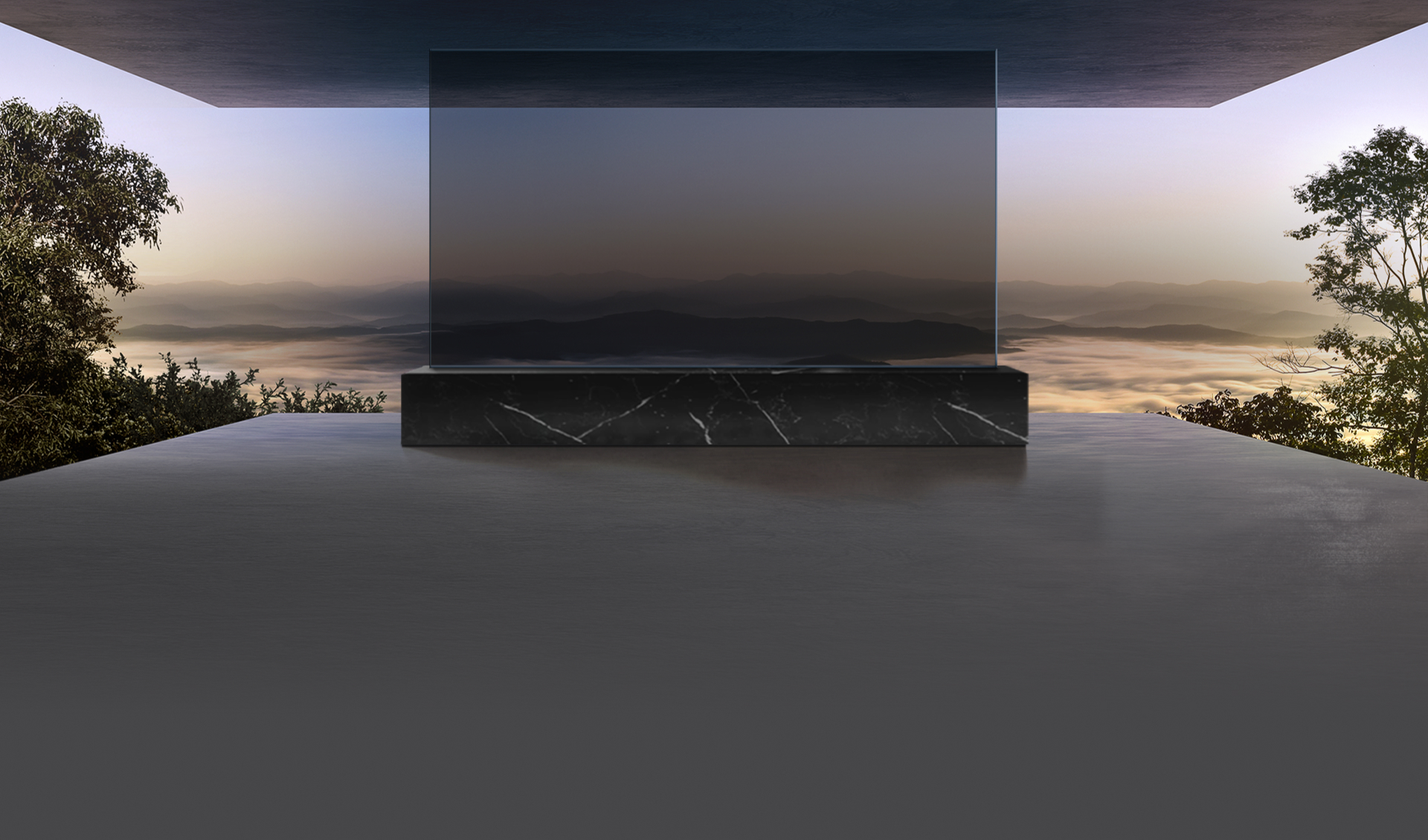 A large display sits on a black marble pedestal in the center of the room. An opaque black screen transitions to a translucent screen, with a view of the mountains and cloudy sky in the background beyond the display.